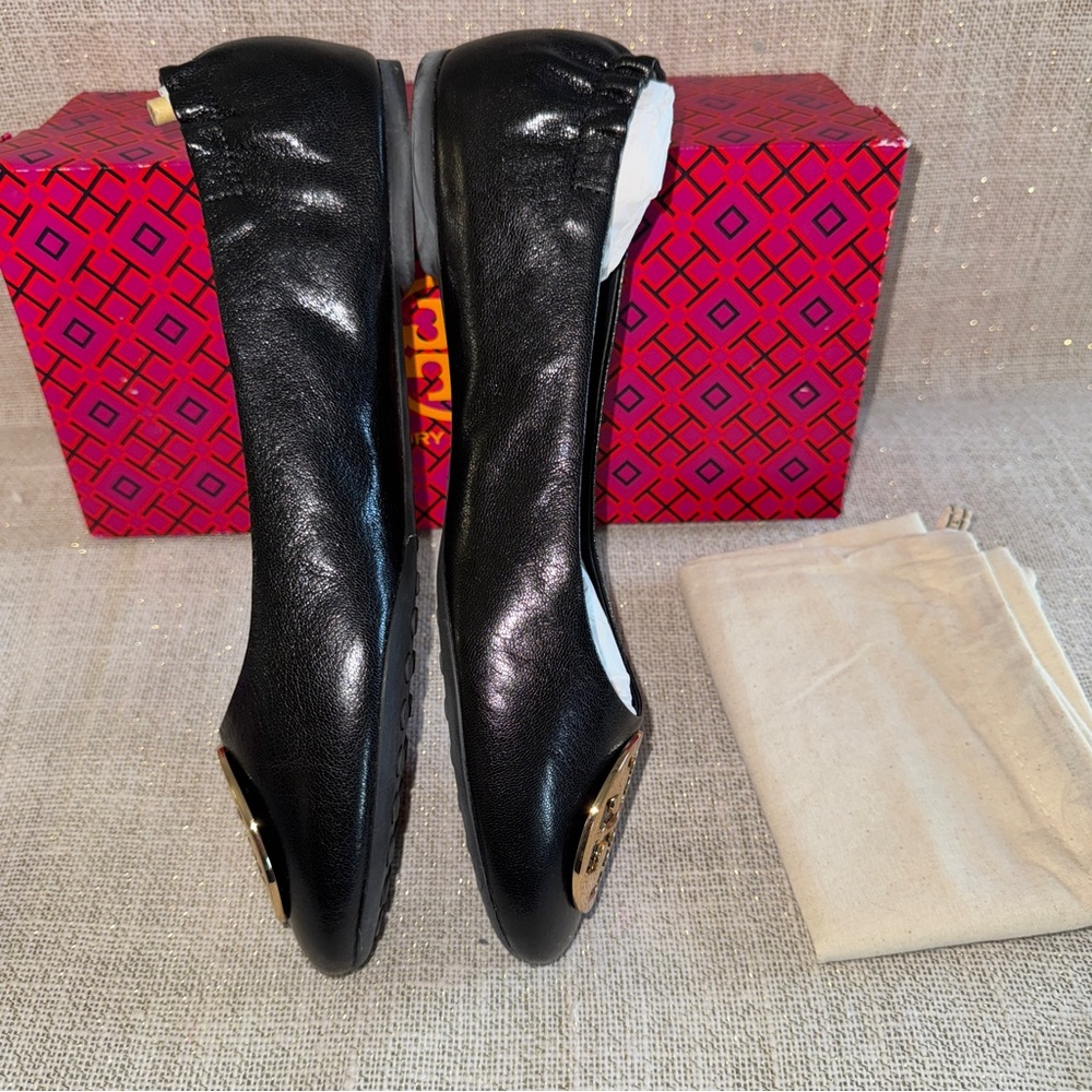 Tory Burch Black/Gold Goat Leather Claire Ballet Flats US 9 new dust bag - Picture 10 of 17